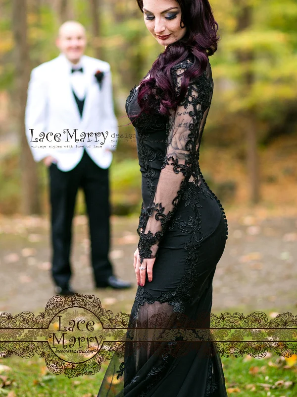 Black Lace Wedding Dress with Sheer Open Back