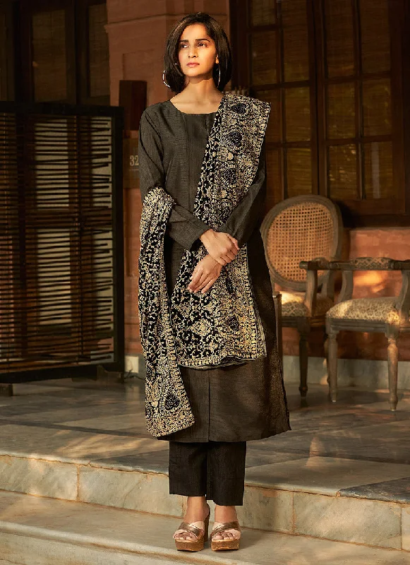 Black Silk Salwar Kameez With Embellished Shawl