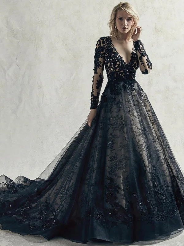 Black Wedding Dresses Lace Princess Silhouette Long Sleeves Natural Waist Lace Court Train Bridal Gown