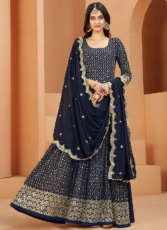 Blue Mirror Work Embroidery Wedding Anarkali Suit