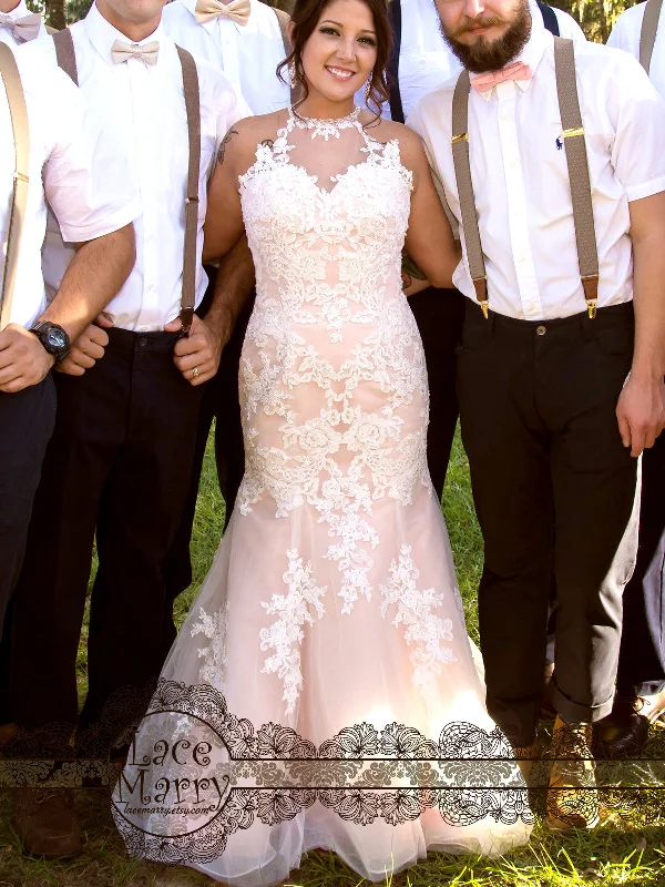 Blush Wedding Dress with Beaded Flower Applique