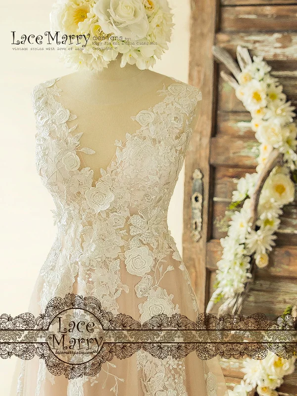 Boho Blush Wedding Dress with Ivory Lace 3D Flower Appliques