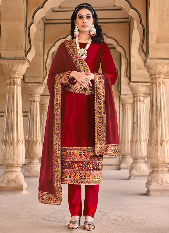 Bridal Red Multi Embroidered Velvet Pant Suit