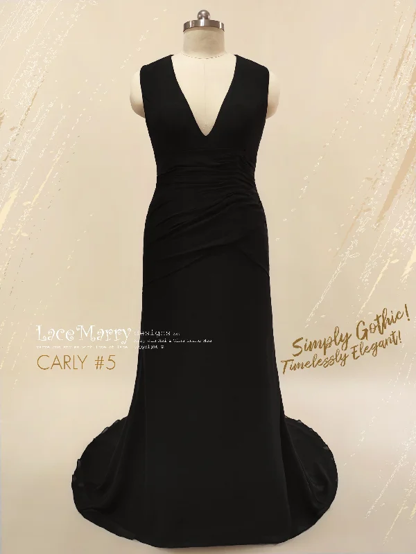 CARLY #5 / Slim A Line Black Wedding Dress with Deep Sexy V-neck