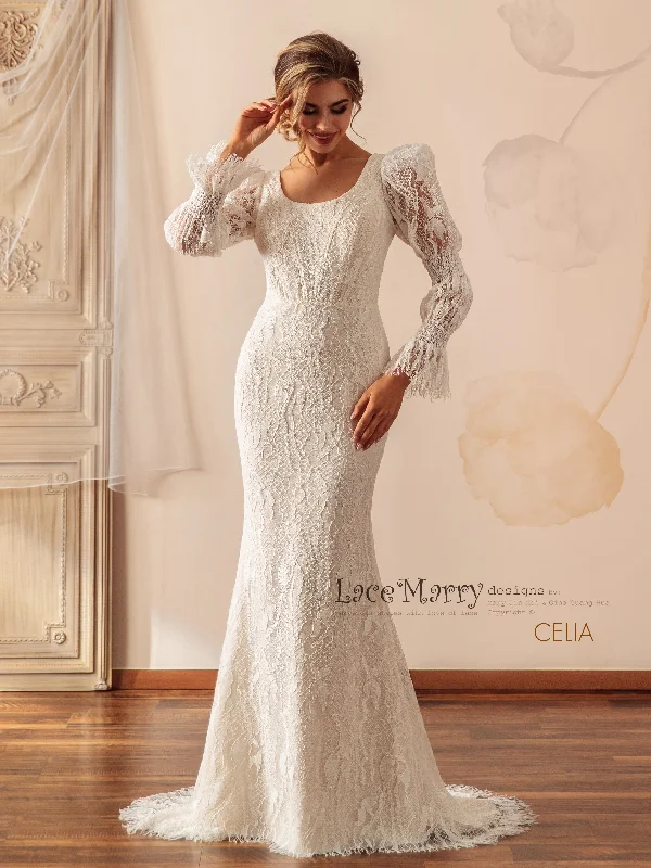 CELIA / Unique Lace Wedding Dress with Long Puff Sleeves