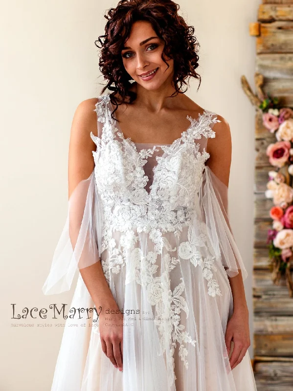 Champagne Boho Wedding Dress with Floral Lace Applique