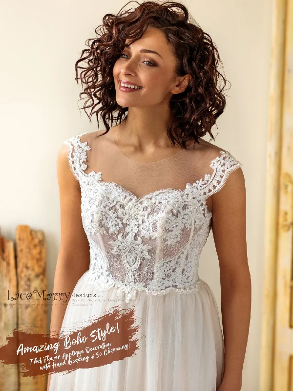 Charming Boho Wedding Dress with Pearl Beaded Illusion Neckline