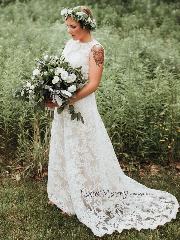 Column Lace Wedding Dress with Champagne Satin