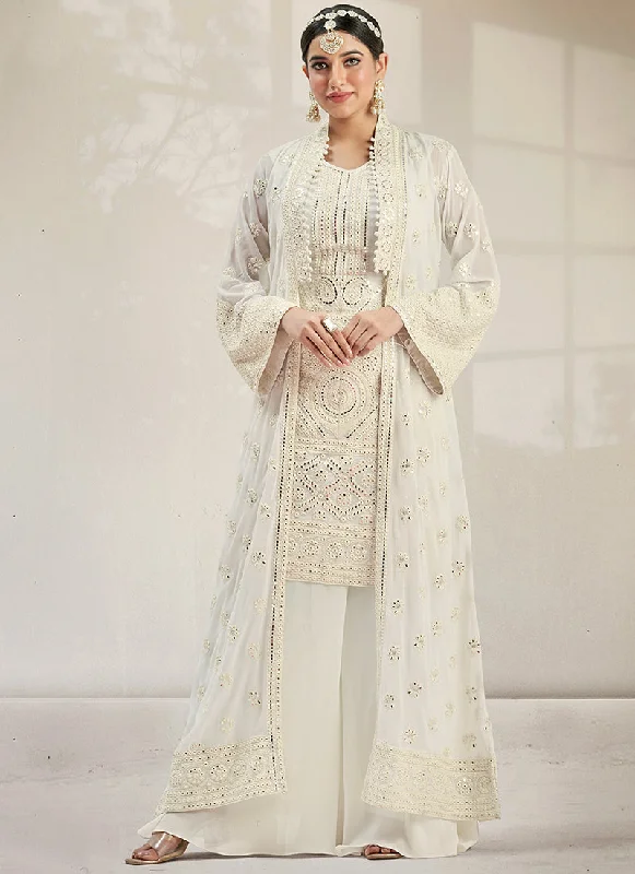 Cream White Mirror Work Embroidery Jacket Style Palazzo Suit