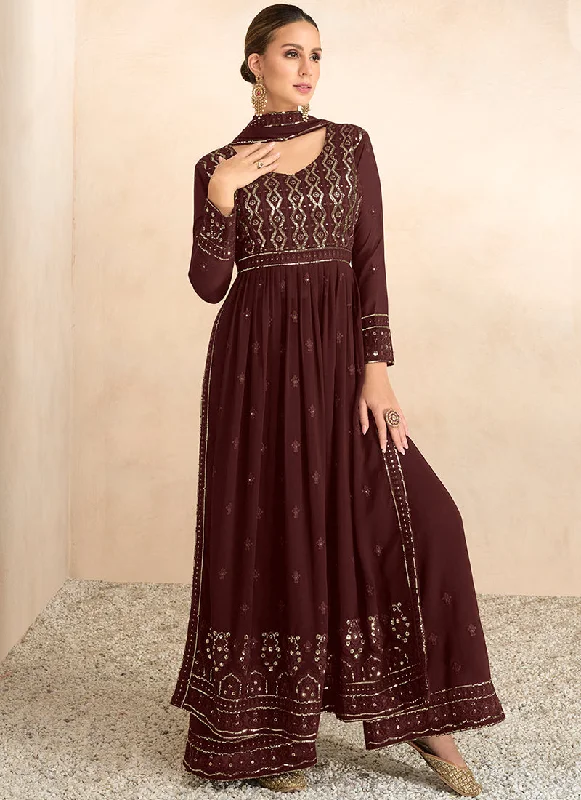 Dark Brown Sequence Embroidery High Slit Palazzo Suit