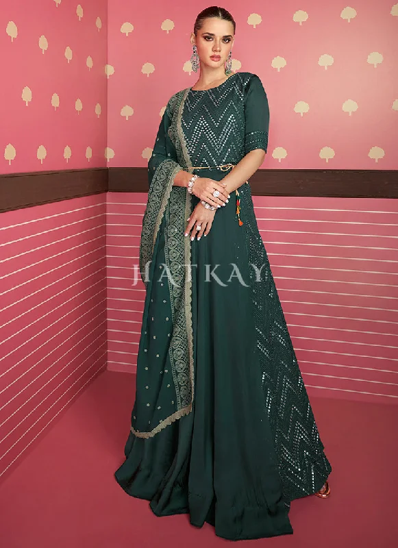 Dark Green Mirror Work Embroidery Designer Anarkali Suit