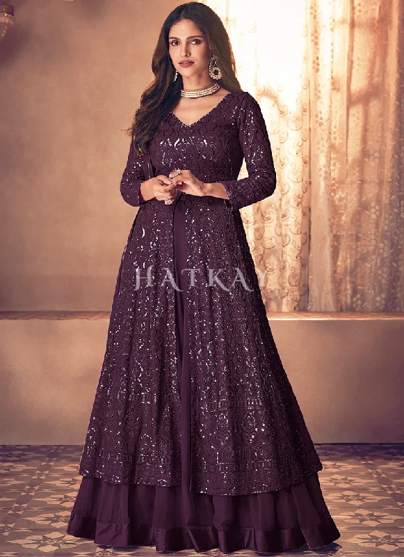 Deep Purple Traditional Sequence Embroidered Wedding Anarkali Lehenga Style Suit