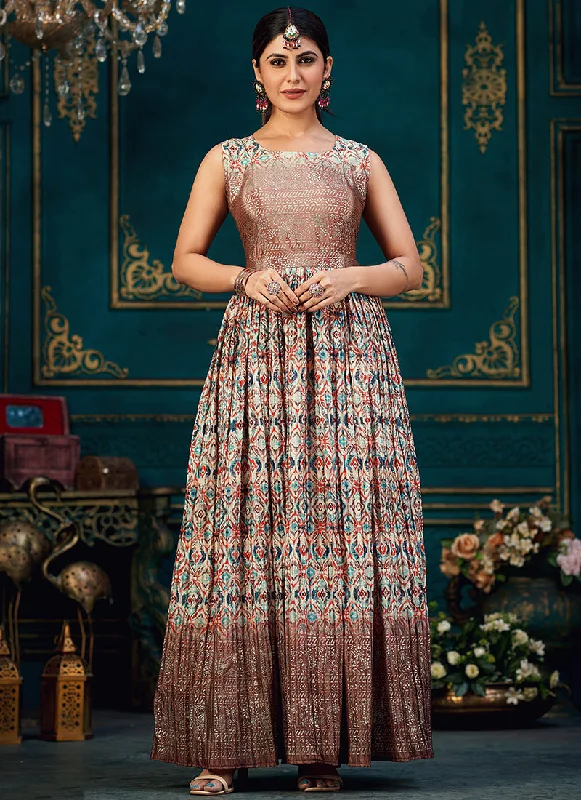 Dusky Mauve Printed Traditional Anarkali Gown