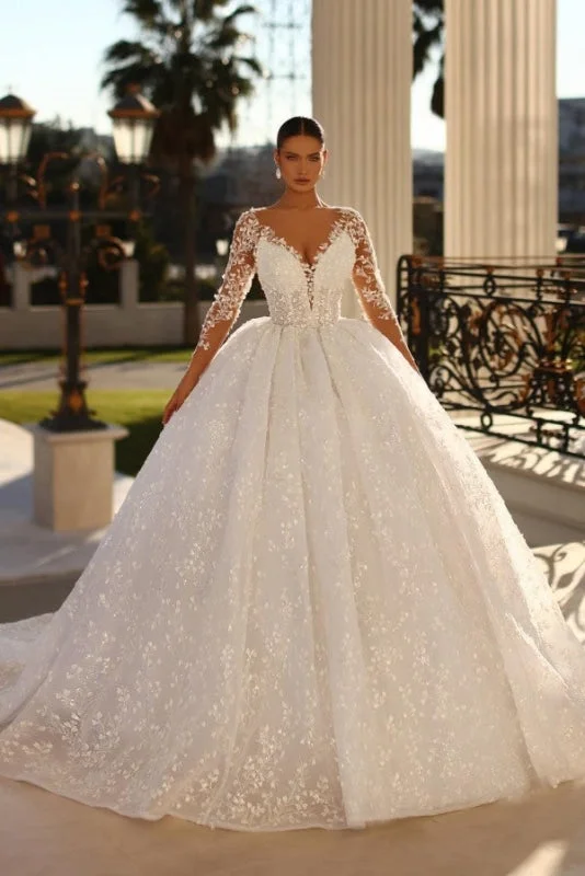 Elegant Long Sleeves Sweetheart Ball Gown Wedding Dress with Sweep Train