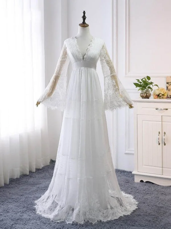 Elegant Long Sleeves V-Neck Tulle Wedding Dresses