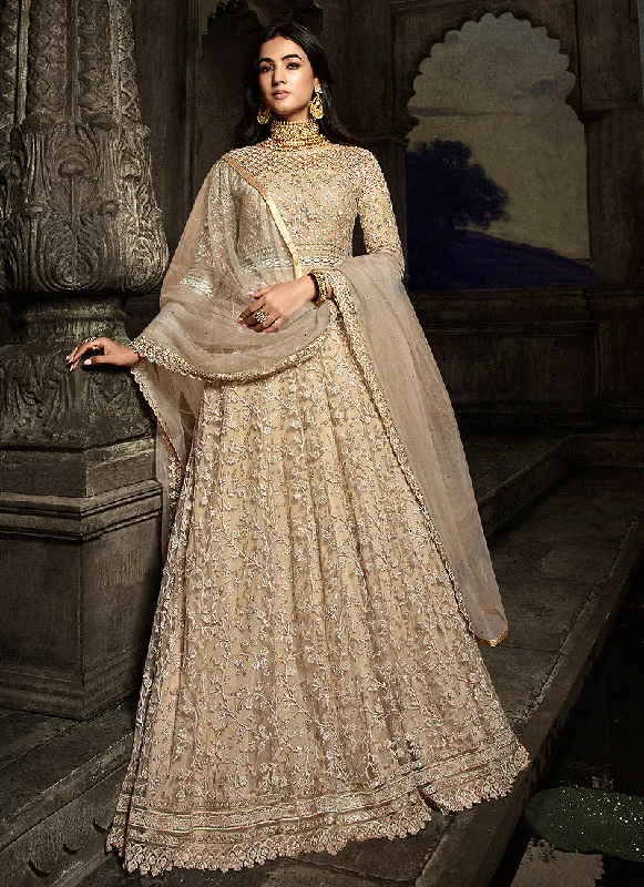 Golden Beige Embroidered Anarkali Suit