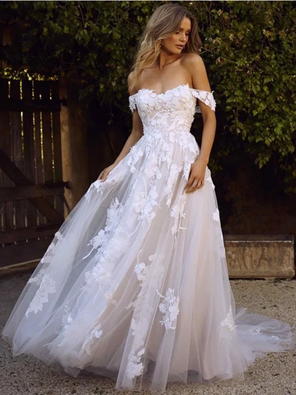 Gorgeous Open Back Appliques Tulle A-line Wedding Dresses