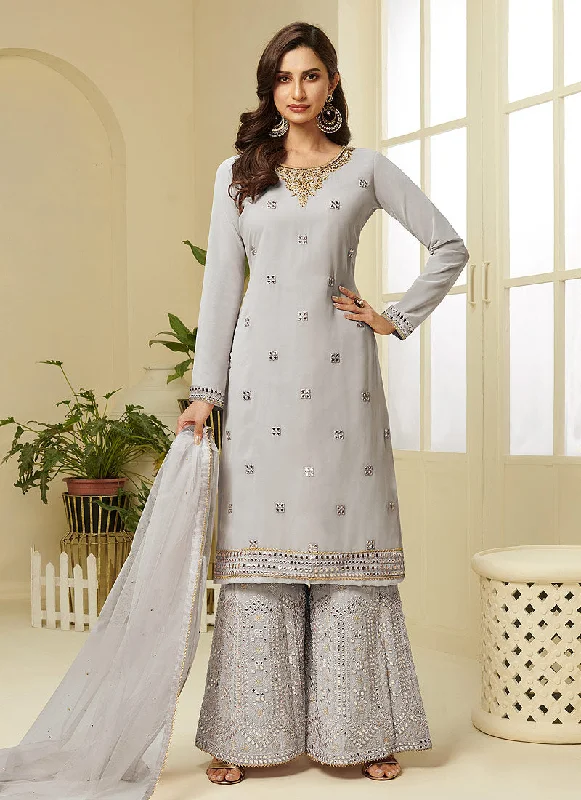 Grey Embroidered Designer Sharara Suit