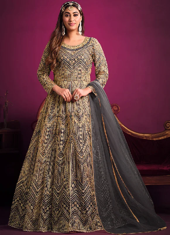 Grey Golden Embroidery Slit Style Anarkali Pant Suit