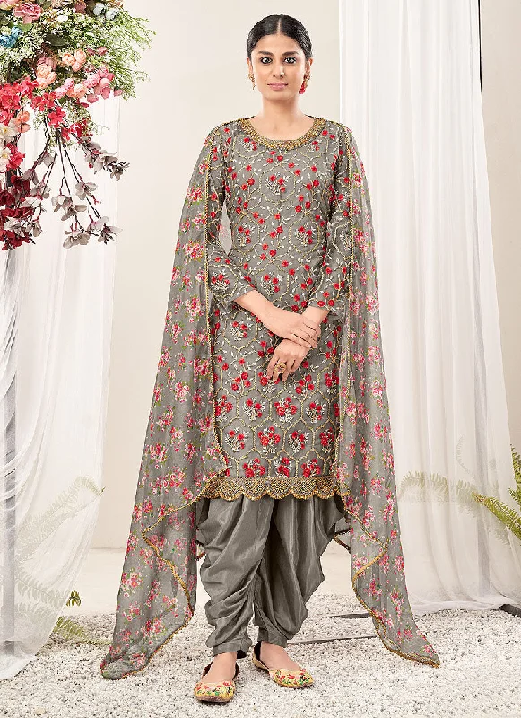 Grey Multi Floral Embroidery Traditional Patiala Suit