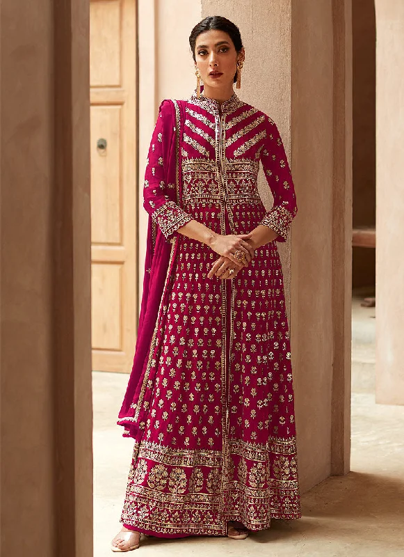 Hot Pink Georgette Embroidered Traditional Slit Style Pant Suit