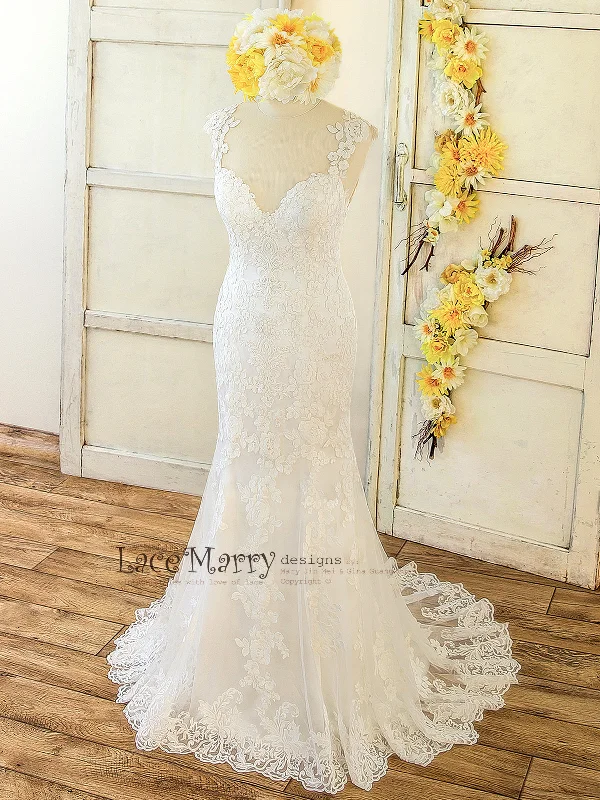 Lace Applique Wedding Dress with Deep Sweetheart Neckline