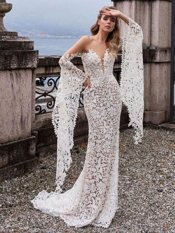 Lace Wedding Dress Mermaid Wedding Dress V Neck Long Sleeve Sexy Bridal Dresses