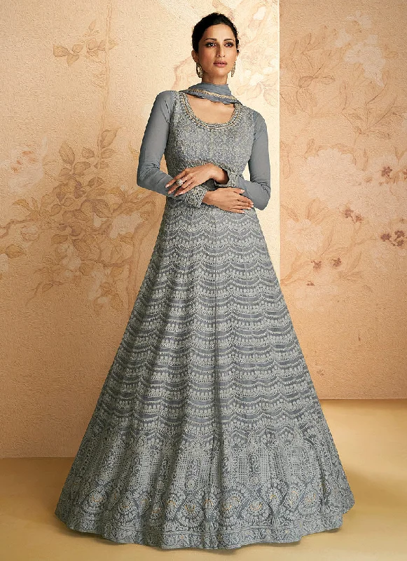 Light Grey Designer Embroidered Festive Anarkali Suit