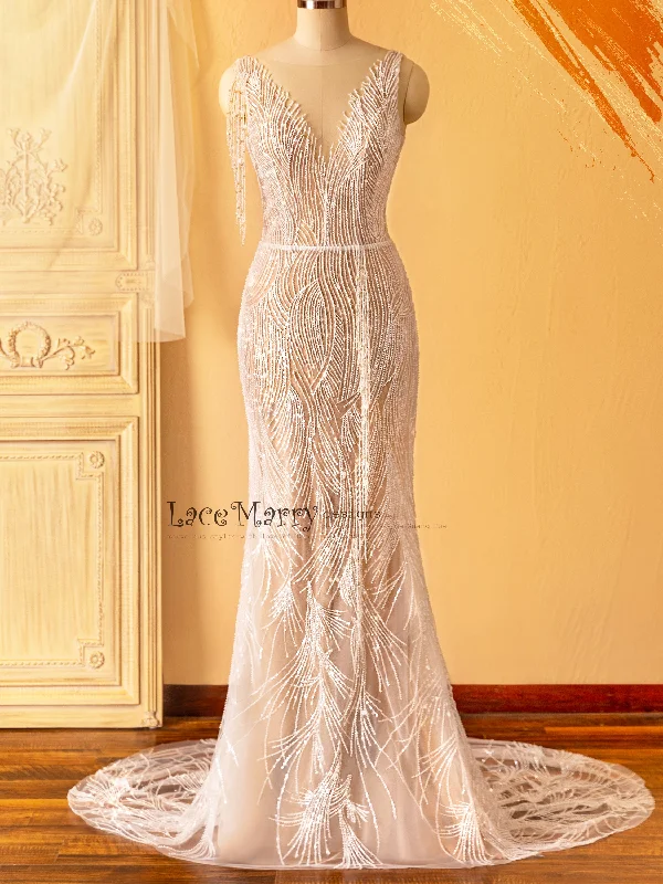 MARGO / Beaded Sheath Wedding Dress in Nude Color