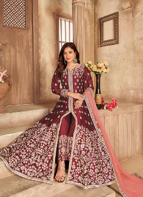 Maroon Embroidery Slit Style Anarkali Pant Suit