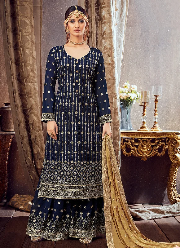 Navy Blue Golden Sharara Suit