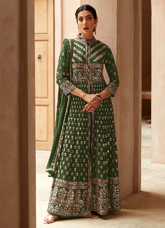 Olive Green Georgette Embroidered Traditional Slit Style Pant Suit