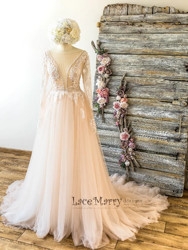 Ombre Wedding Dress in Nude Tulle and Ivory Applique