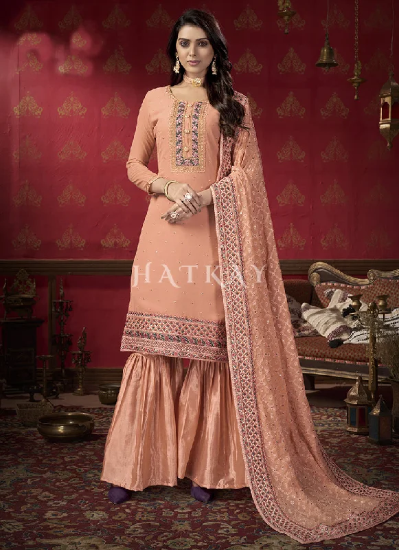 Pale Orange Multi Embroidered Pleated Gharara Suit