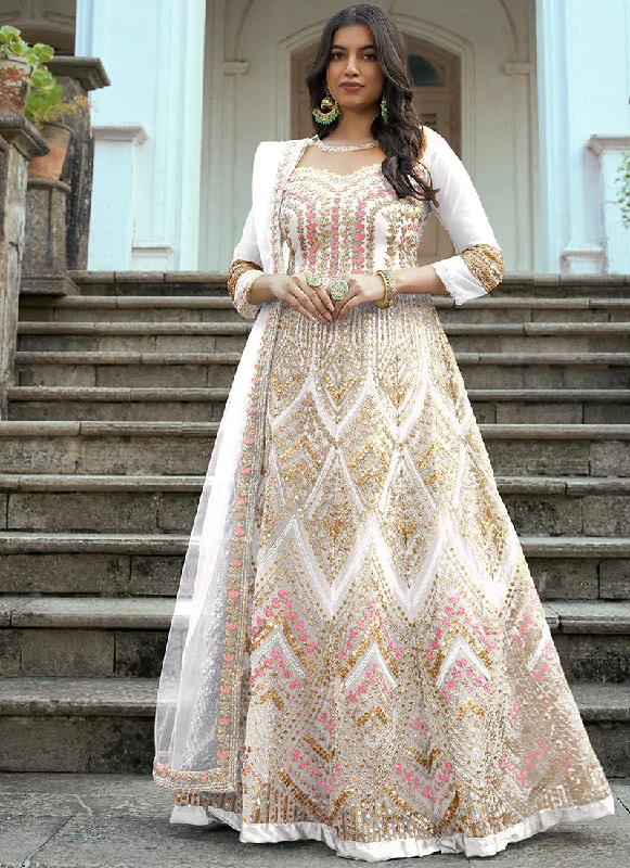 Pearl White Multi Embroidery Traditional Anarkali Suit