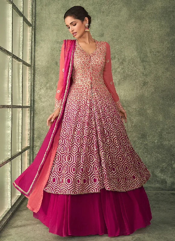 Pink And Orange Shaded Sequence Embroidery Slit Style Anarkali Lehenga