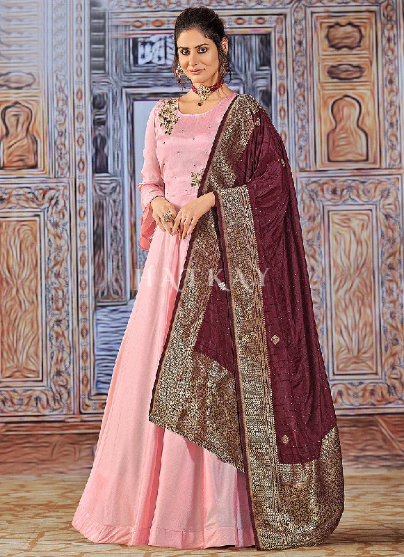 Pink Maroon Embroidered Silk Anarkali Suit