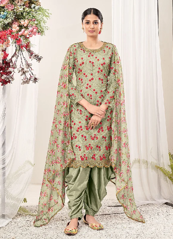 Pista Green Multi Floral Embroidery Traditional Patiala Suit