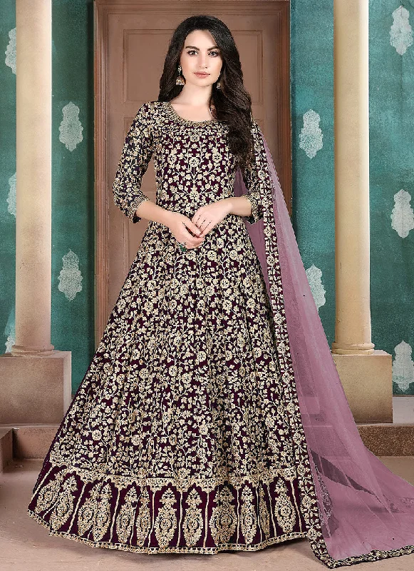 Purple And Wine Traditional Embroidered Anarkali Suit