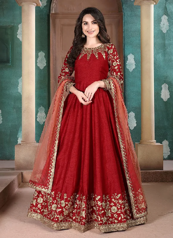 Red Golden Embroidered Anarkali Suit