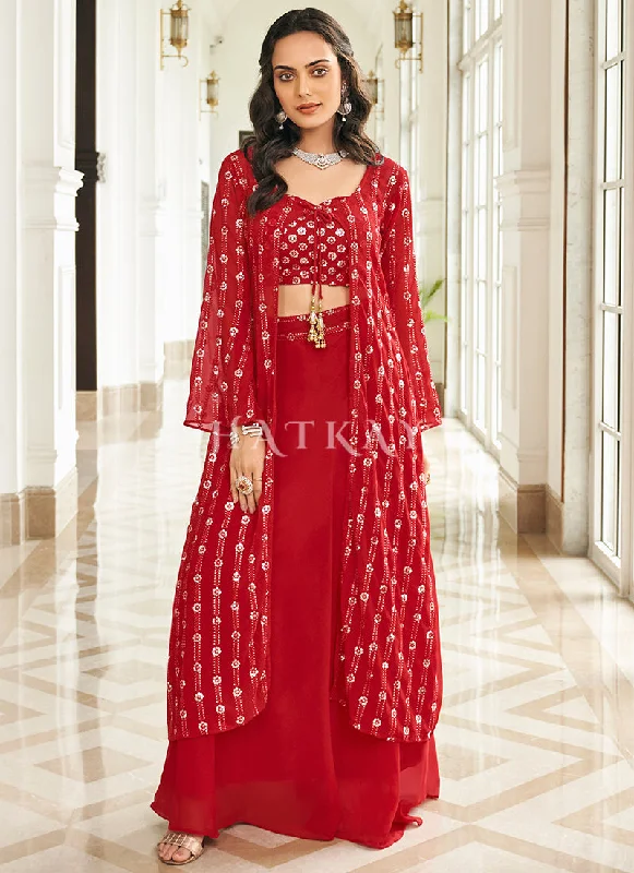 Red Sequence Embroidered Jacket Style Sharara Suit