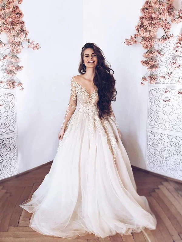 Romantic Long Sleeves Appliques Ruffles Wedding Dresses