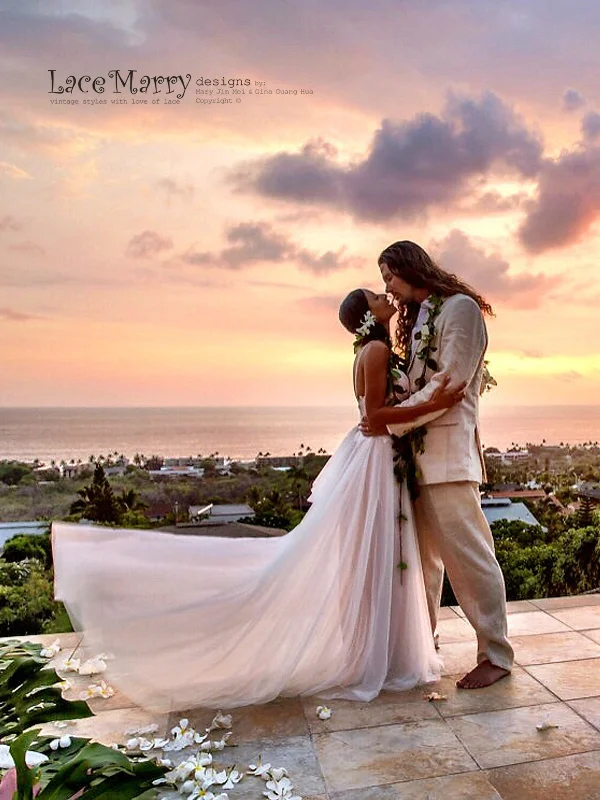 Rose Gold Beach Wedding Dress from Lace and Soft Tulle