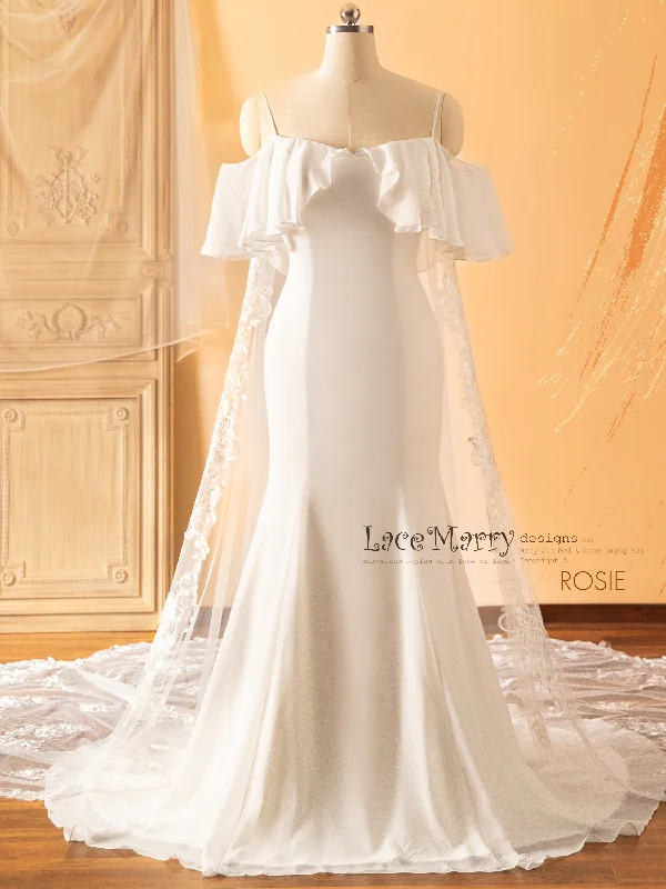 ROSIE / Off Shoulder Wedding Dress with Built-in Lacy Train