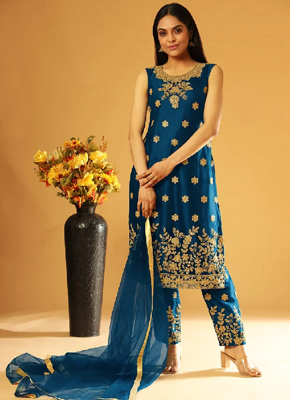 Royal Blue Embroidery Jacket Style Festive Pant Suit