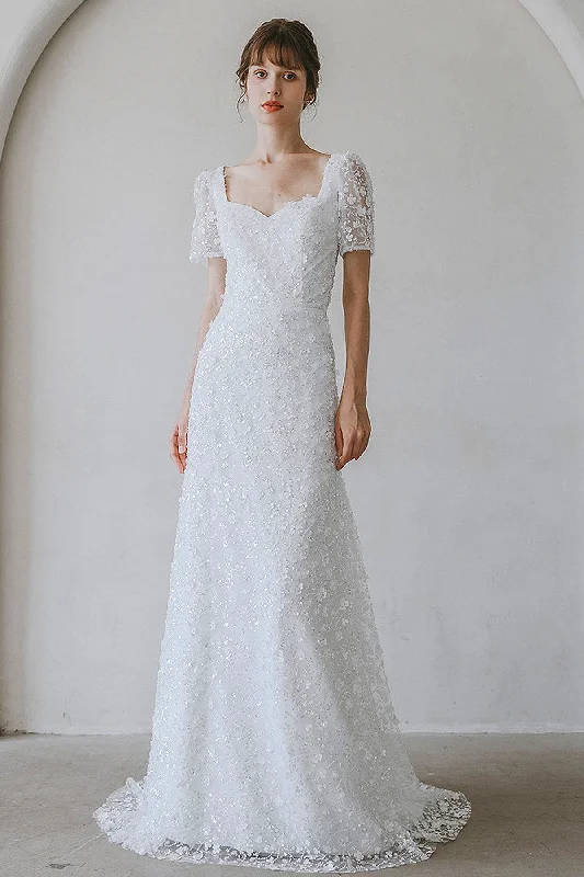 Sheath-Column Sweep-Brush Train Lace Wedding Dress CW3057