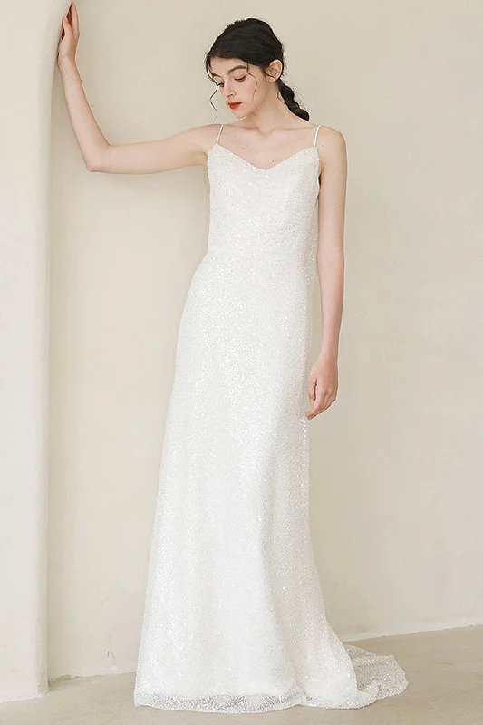 Sheath Sweep-Brush Train Sequined Lace Wedding Dress CW3056