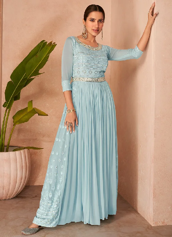 Sky Blue Lucknowi Embroidery Designer Anarkali Gown With Belt