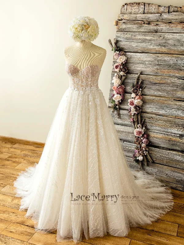 Sparkly Lace Wedding Dress with Strapless Bustier Neckline