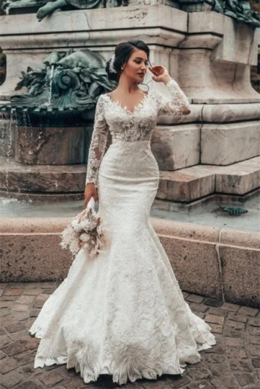 Stylish White Floral Lace Mermaid Bridal Dresses Long Sleeves V-Neck Spring Wedding Dress